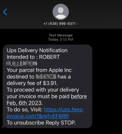Screenshot of a fake UPS scam text message about a delivery fee of $3.91 for a parcel from Apple Inc with a request to click a link and make payment.